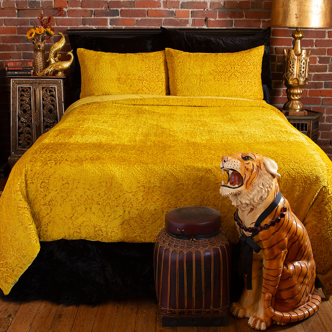 Damask Velvet Duvet Cover Set - Citron