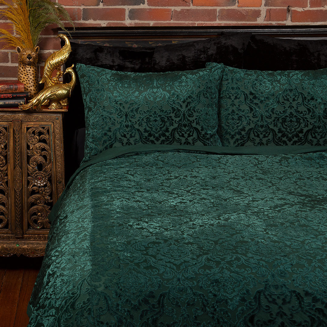 Damask Velvet Duvet Cover Set - Emerald