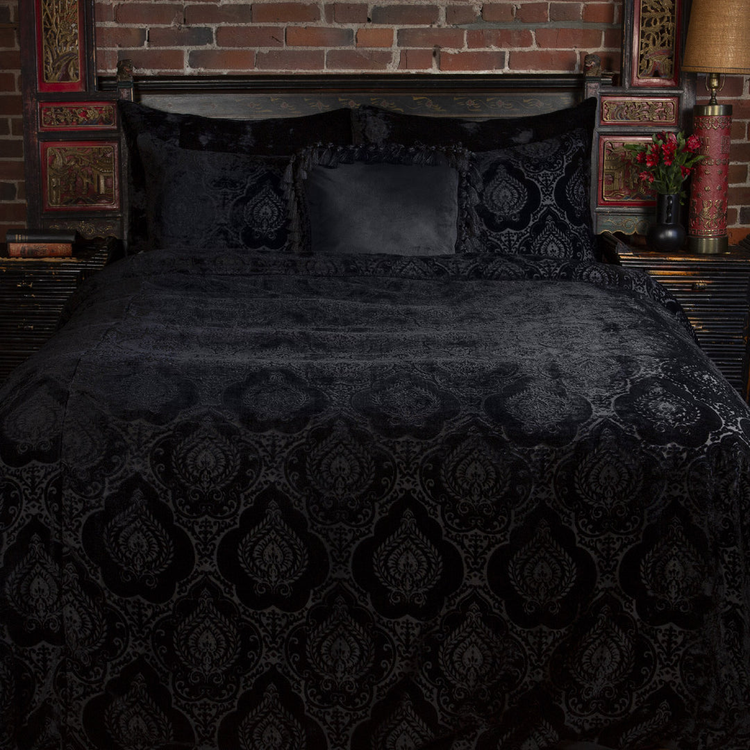 Damask Velvet Duvet Cover Set - Black