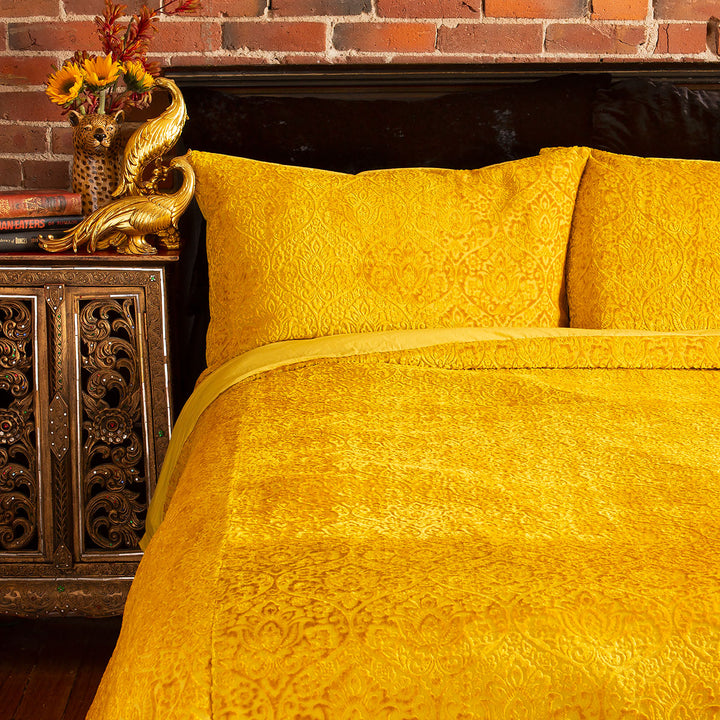 Damask Velvet Duvet Cover Set - Citron