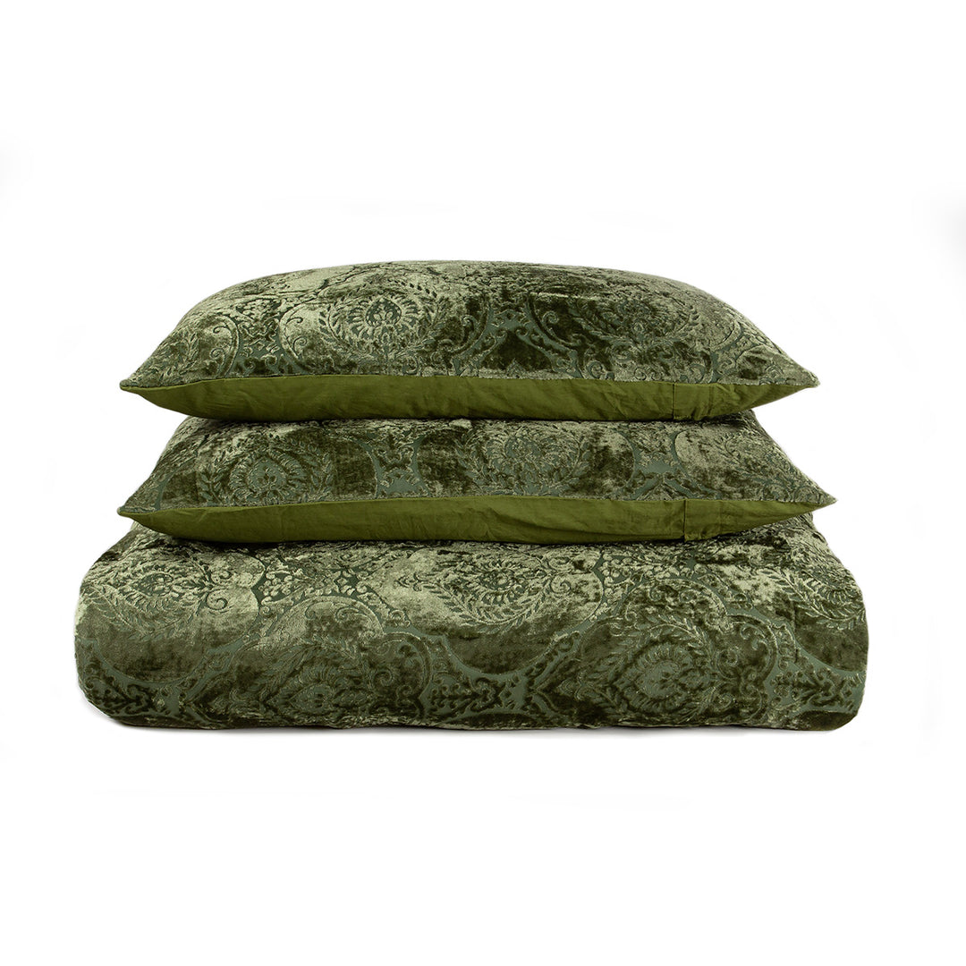 Damask Velvet Duvet Cover Set - Moss