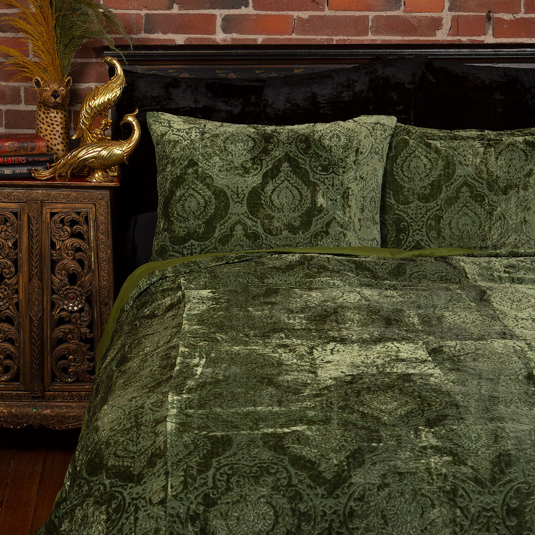 Damask Velvet Duvet Cover Set - Moss